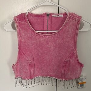GeeGee Pink Rhinestone Fringe Denim-Look Crop Top